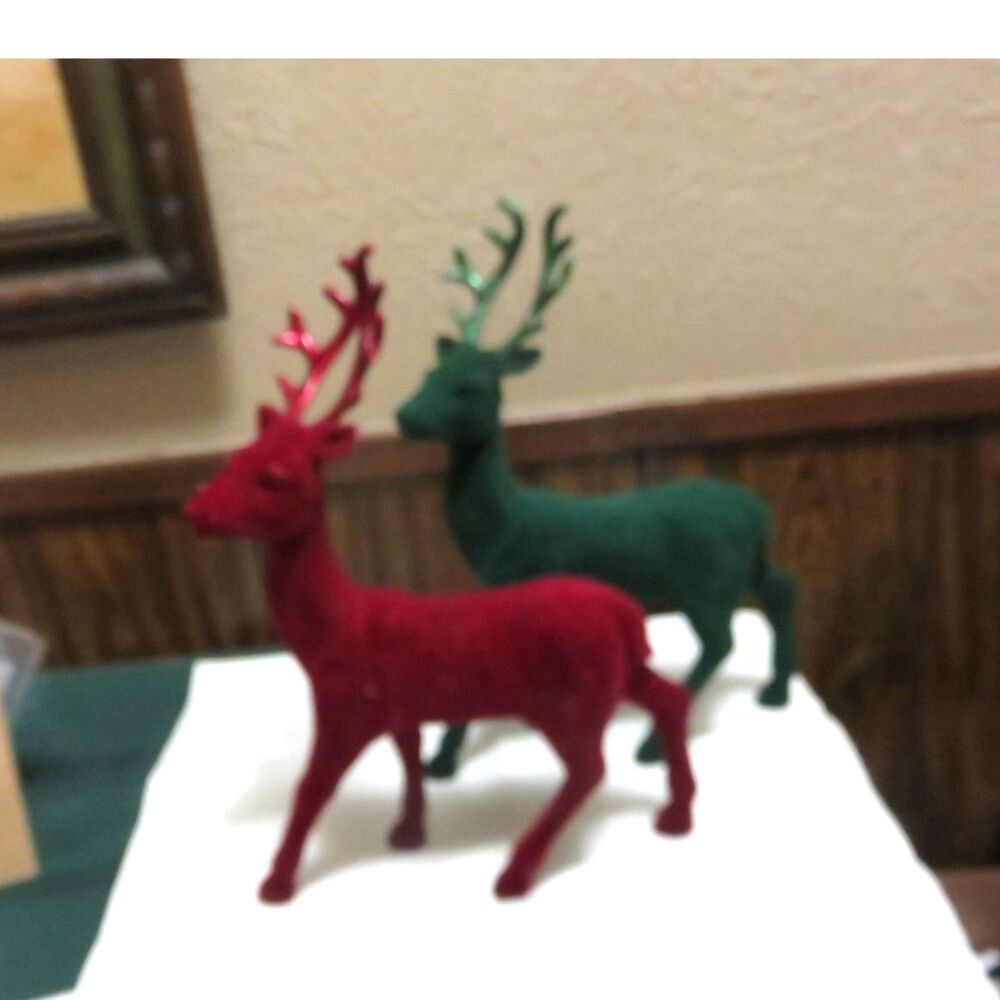 2 Velvet Flocked Reindeer Figurines Pair Red & Green Christmas 13 inch